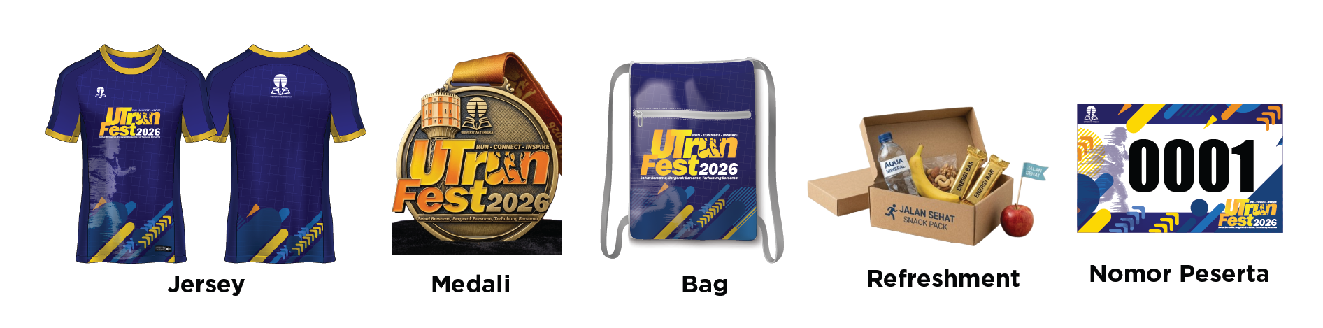 Race pack UT Run Fest 2026 berisi jersey, medali, tas, dan nomor peserta